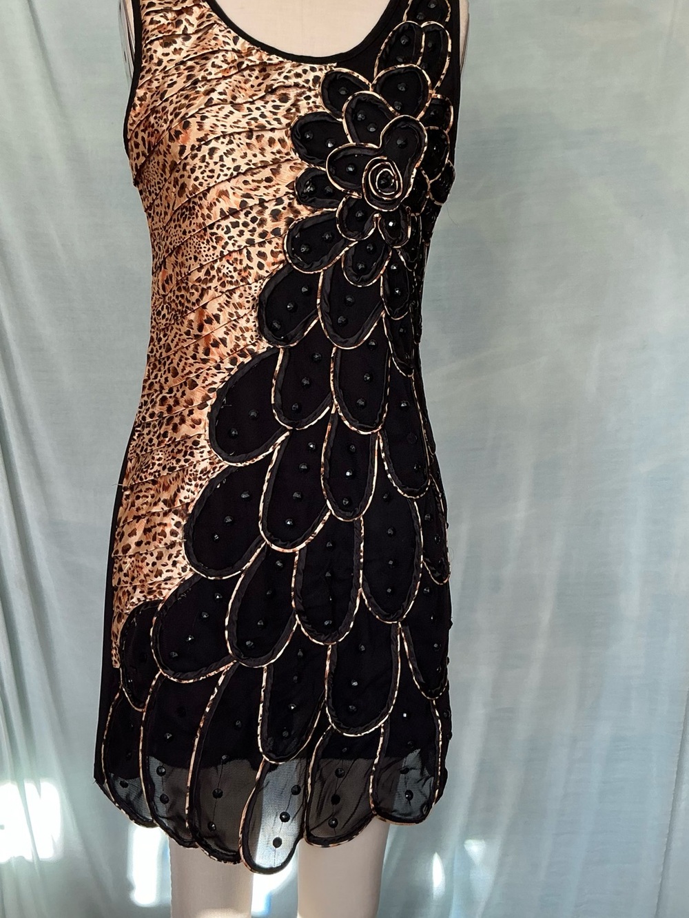 Sleeveless Black & Leopard-Print Embellished Mini Dress